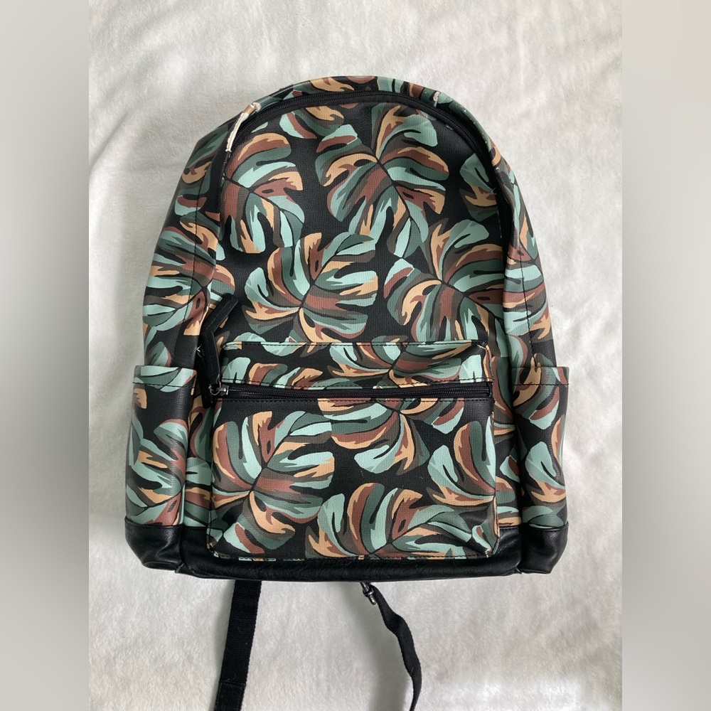 FOSSIL Buckner Tropical Leaves Faux Leather Backpack Rucksack Used Travel